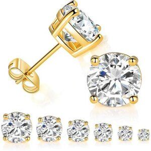 6 Pair Gold Plated Cubic Zirconia Stud Earrings Set for Women Men Hypoallergenic